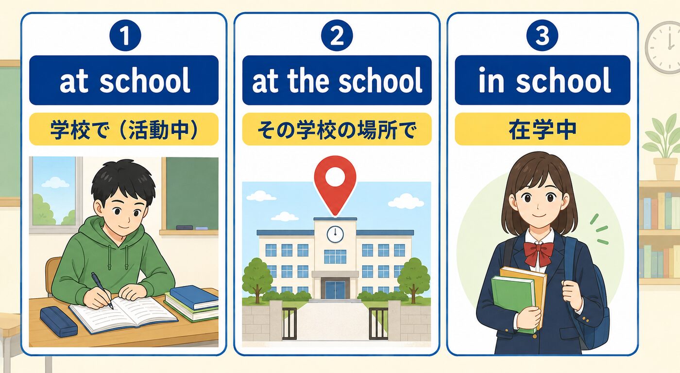 at school・at the school・in schoolの意味とニュアンスの違いを比較する図