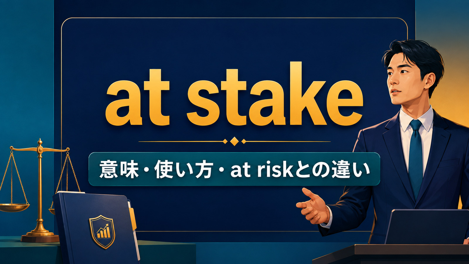 at stakeの意味・使い方・at riskとの違いを解説するアイキャッチ画像
