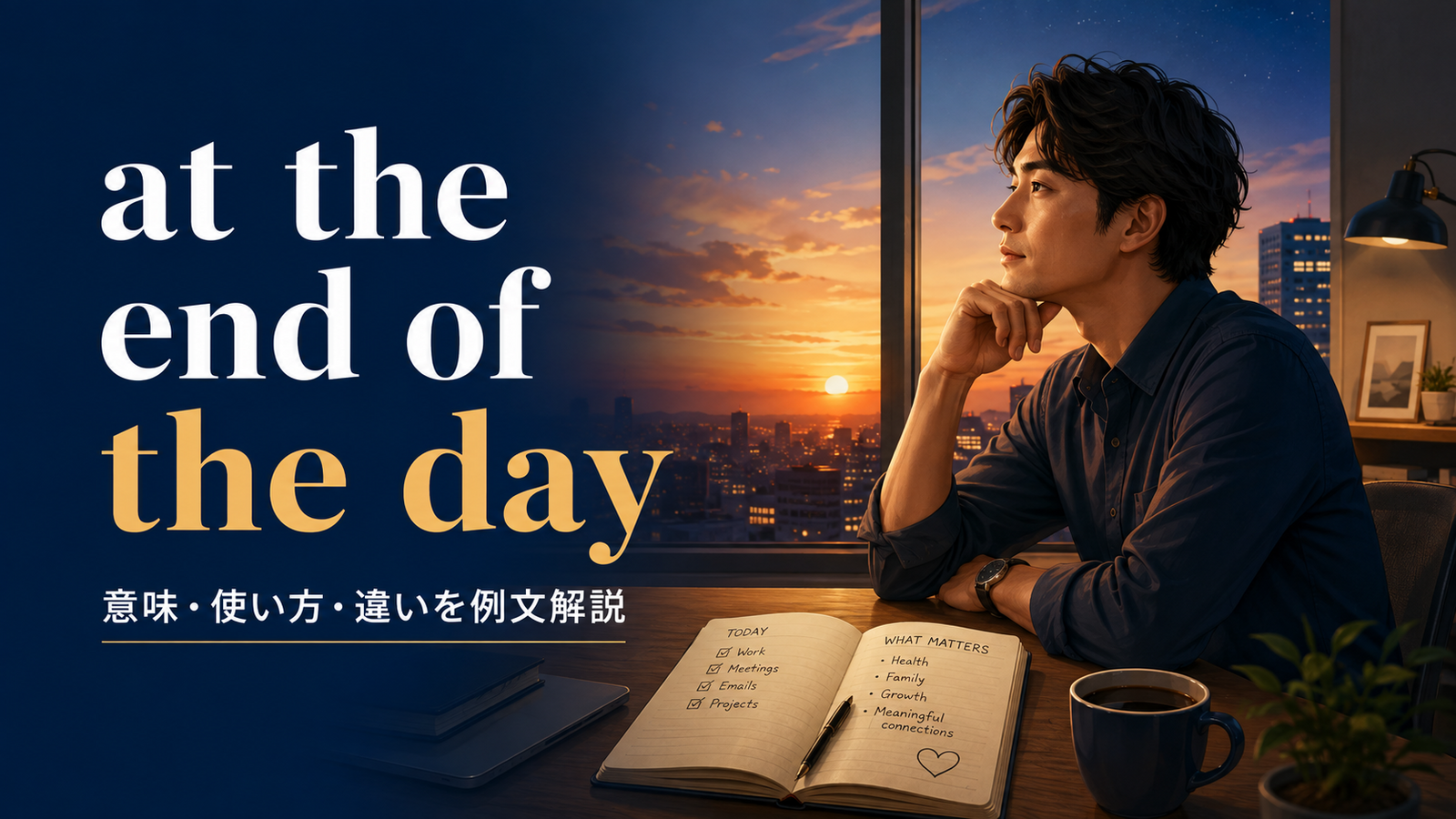 at the end of the dayの意味・使い方・違いを示すアイキャッチ画像