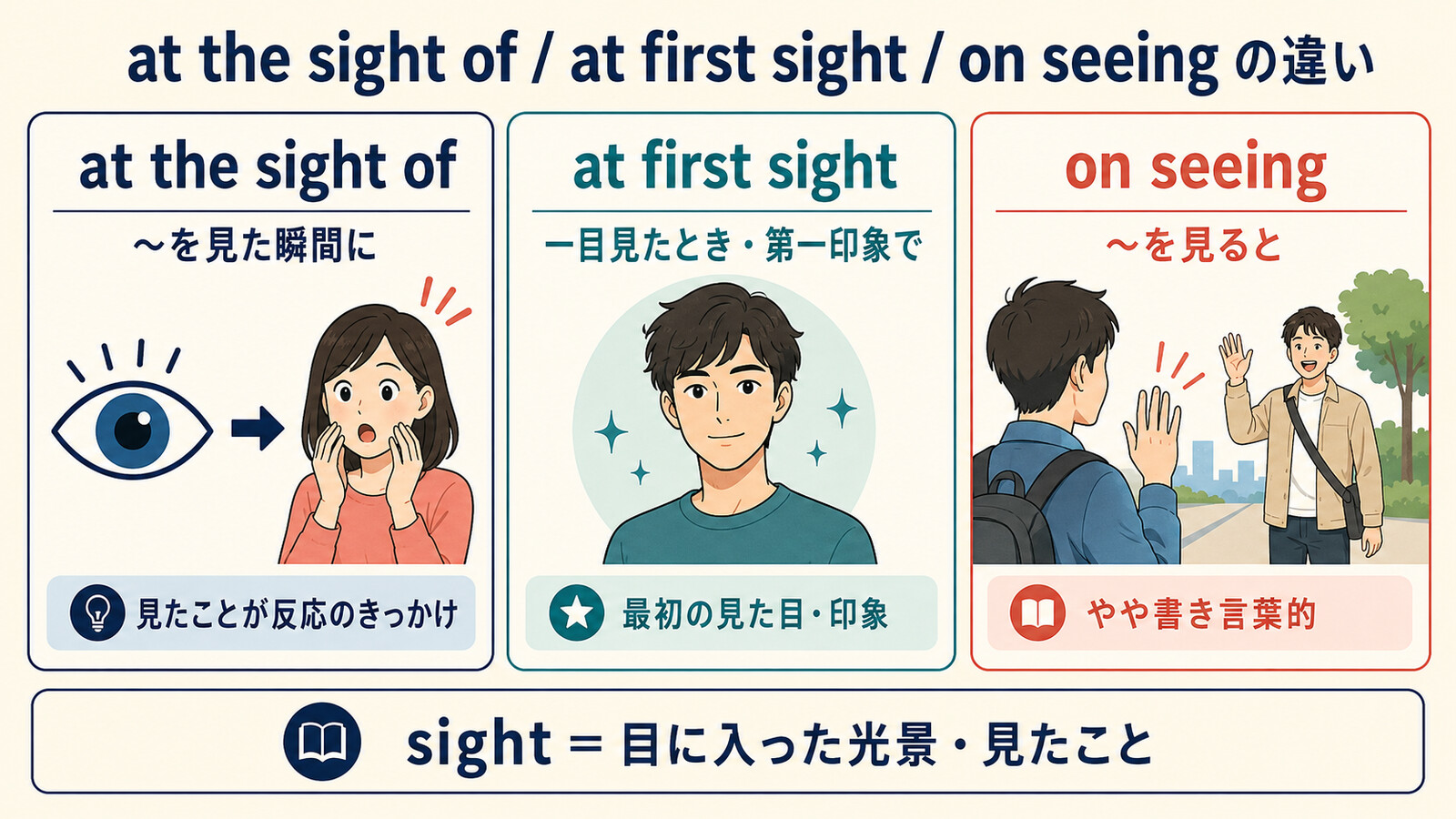 at the sight of・at first sight・on seeingの違いを示す比較図