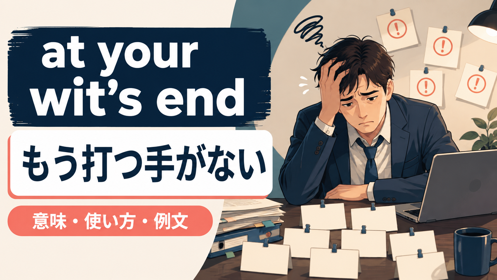 at your wit’s endの意味・使い方・例文を示すアイキャッチ