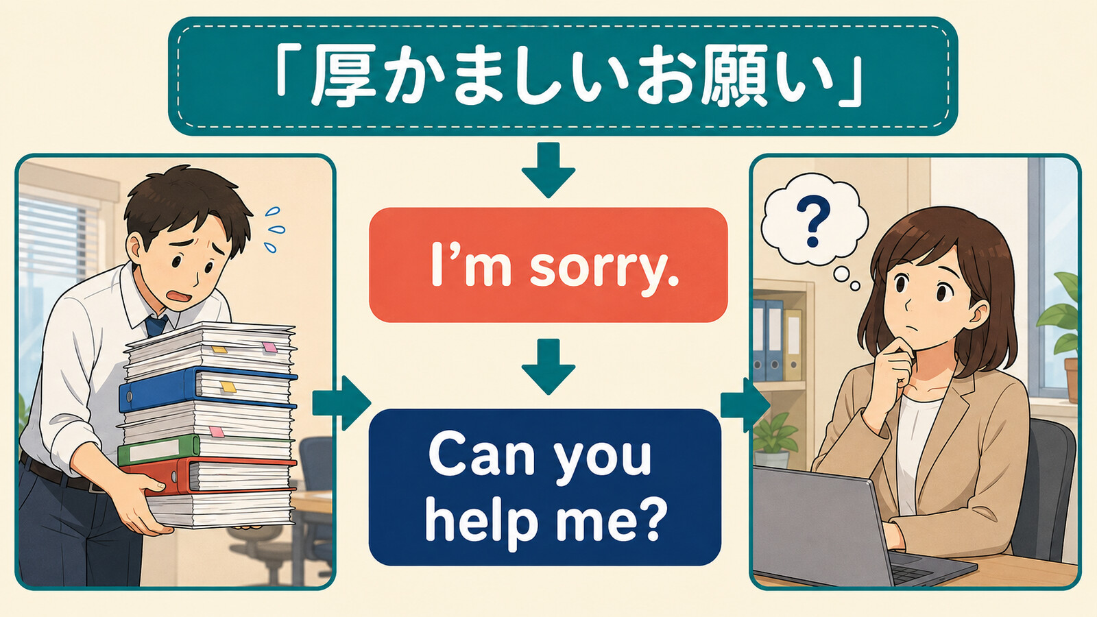 「厚かましいお願い」をI’m sorry. Can you help me?に分解するしゅみすけ式の解説イラスト