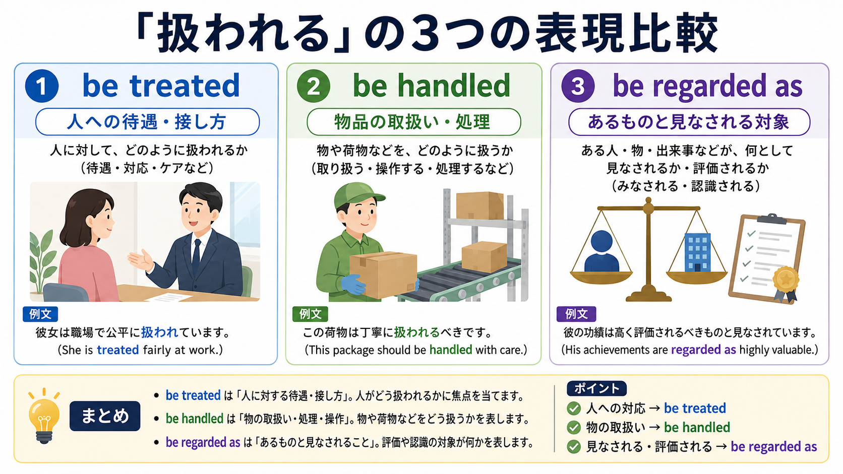 扱われるを表すbe treated・be handled・be regarded asの使い分け図