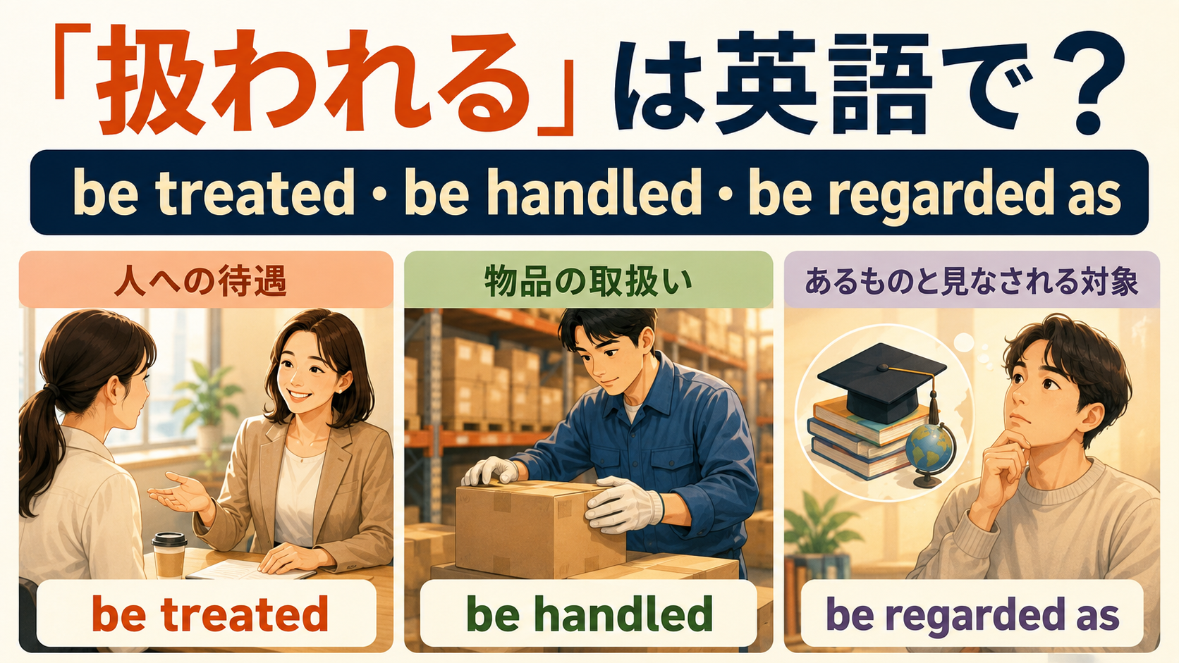 扱われるは英語で?be treated・be handled・be regarded asの違い