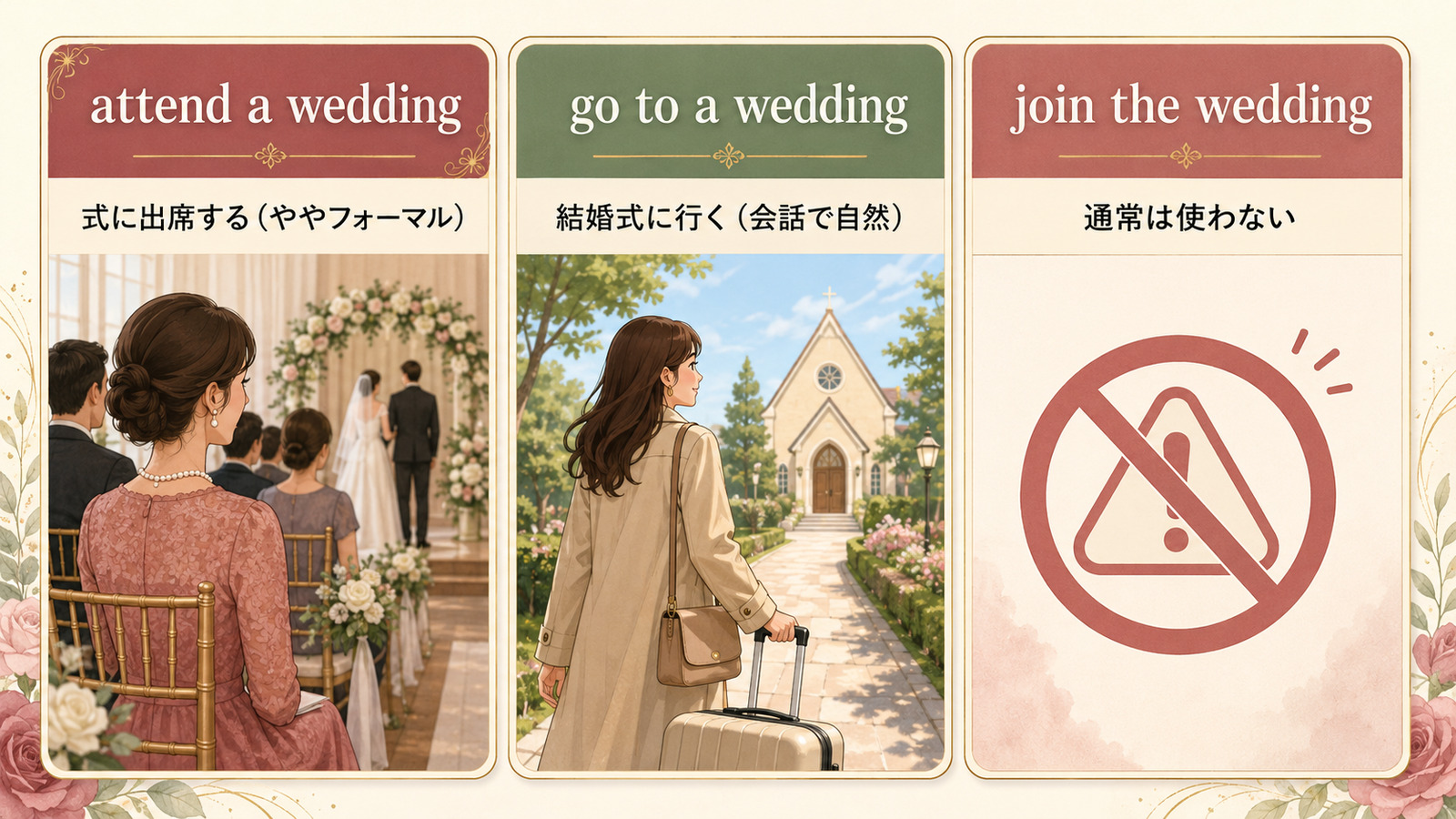 結婚式に出席するときのattend a wedding、go to a wedding、join the weddingの違い