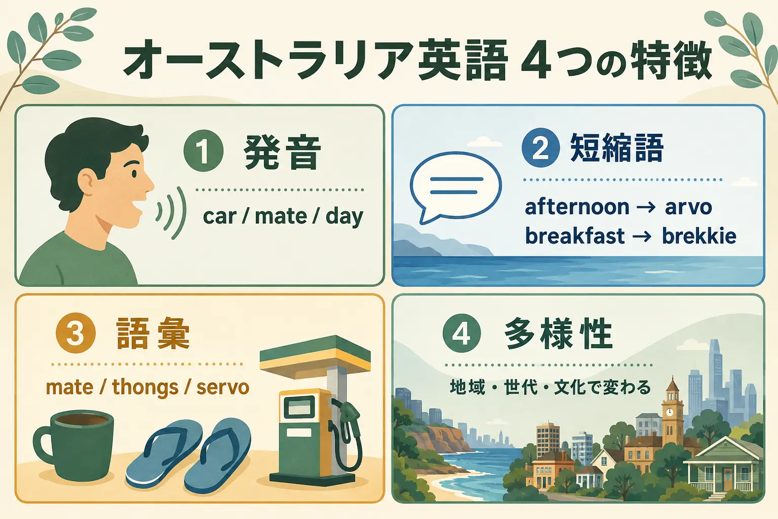 オーストラリア英語の発音・短縮語・語彙・多様性を整理した図解