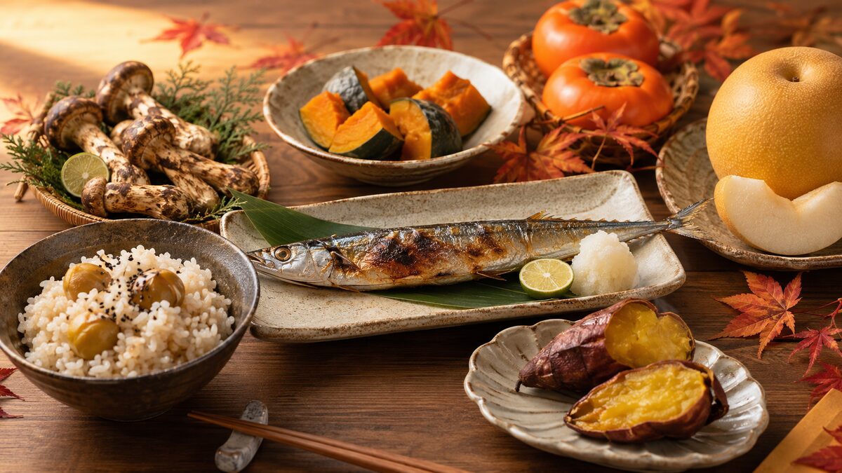 秋刀魚・栗ご飯・さつまいも・松茸・柿・梨が並ぶ日本の秋の食卓