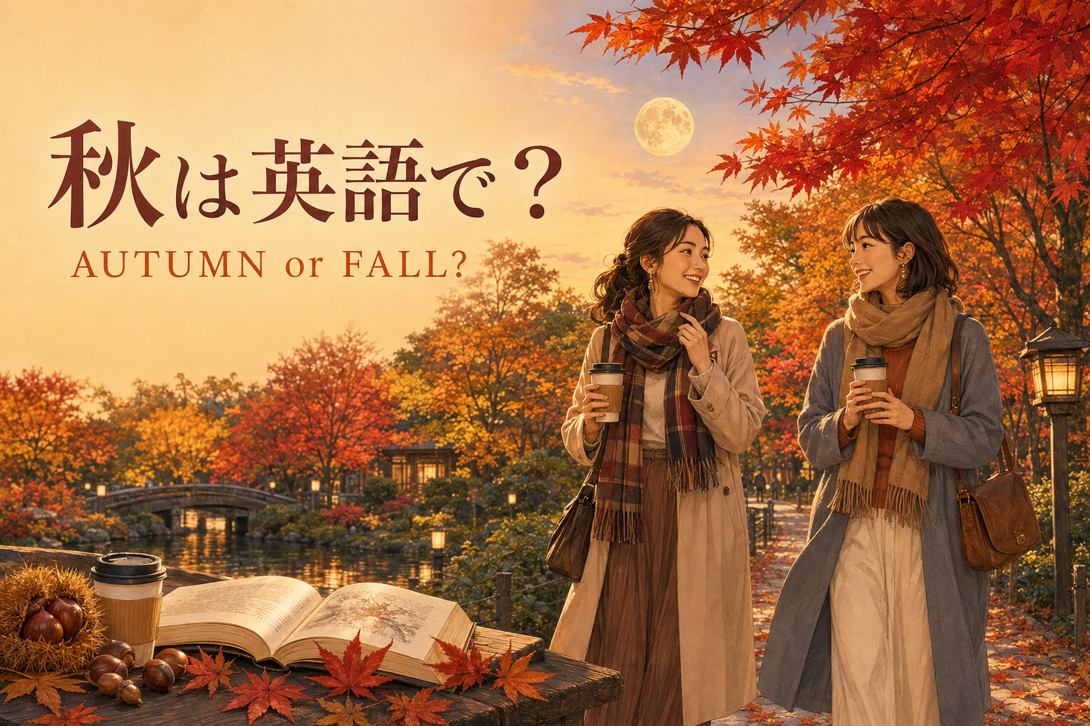 紅葉の公園で秋の英会話を楽しむ女性たち