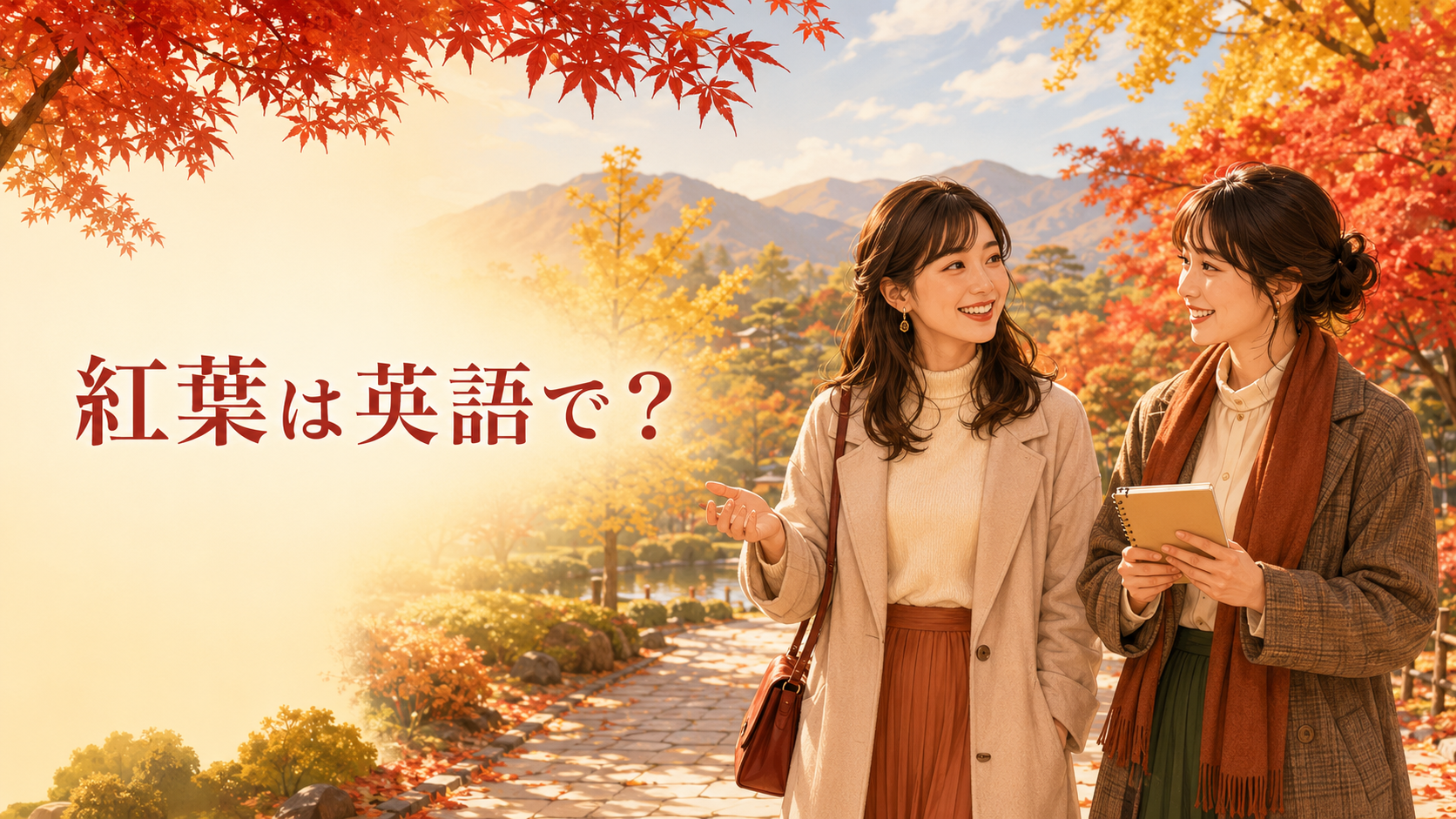 紅葉の公園で英会話を楽しむ女性たち