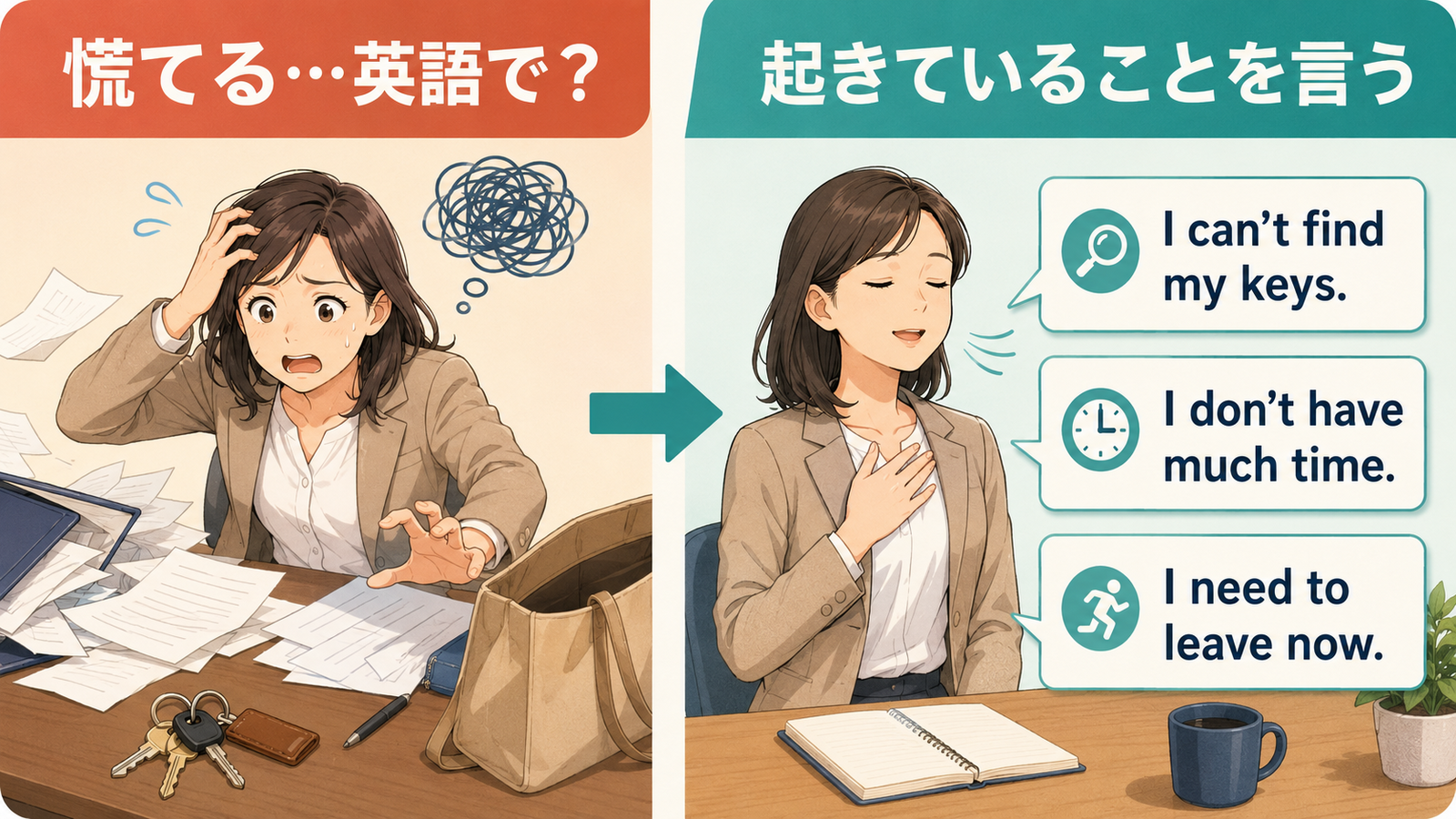 「慌てる」をI can't find my keysなど簡単な英語に分解するイラスト