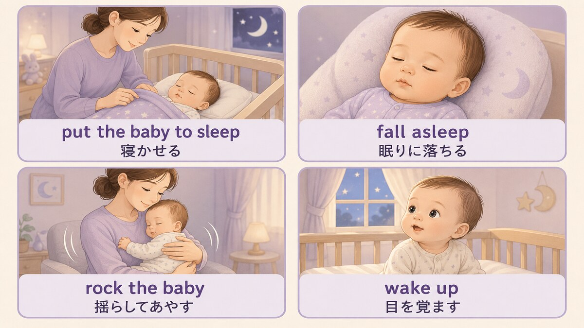put the baby to sleep・fall asleep・rock the baby・wake upの違い