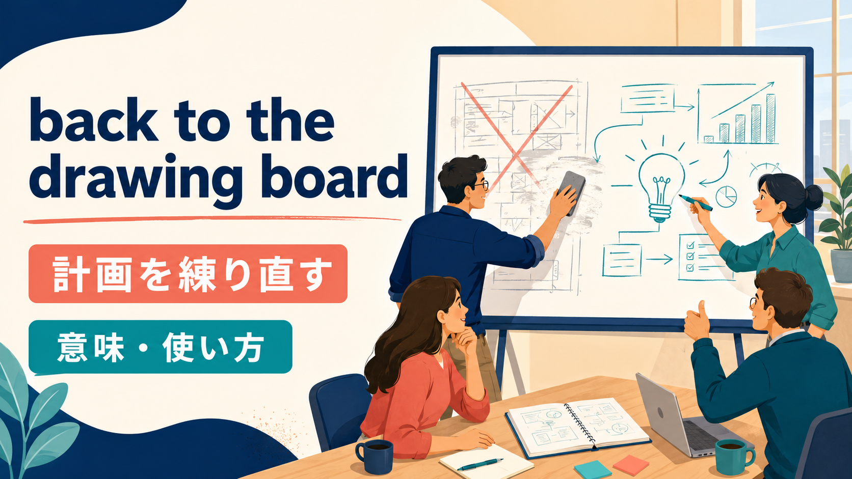 back to the drawing boardの意味は「計画を練り直す」
