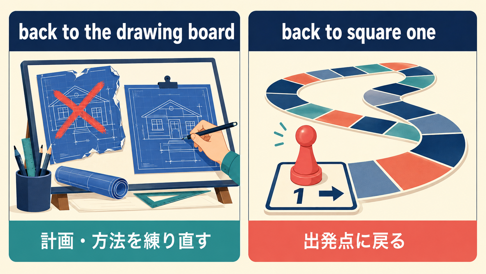 back to the drawing boardとback to square oneのニュアンスの違い
