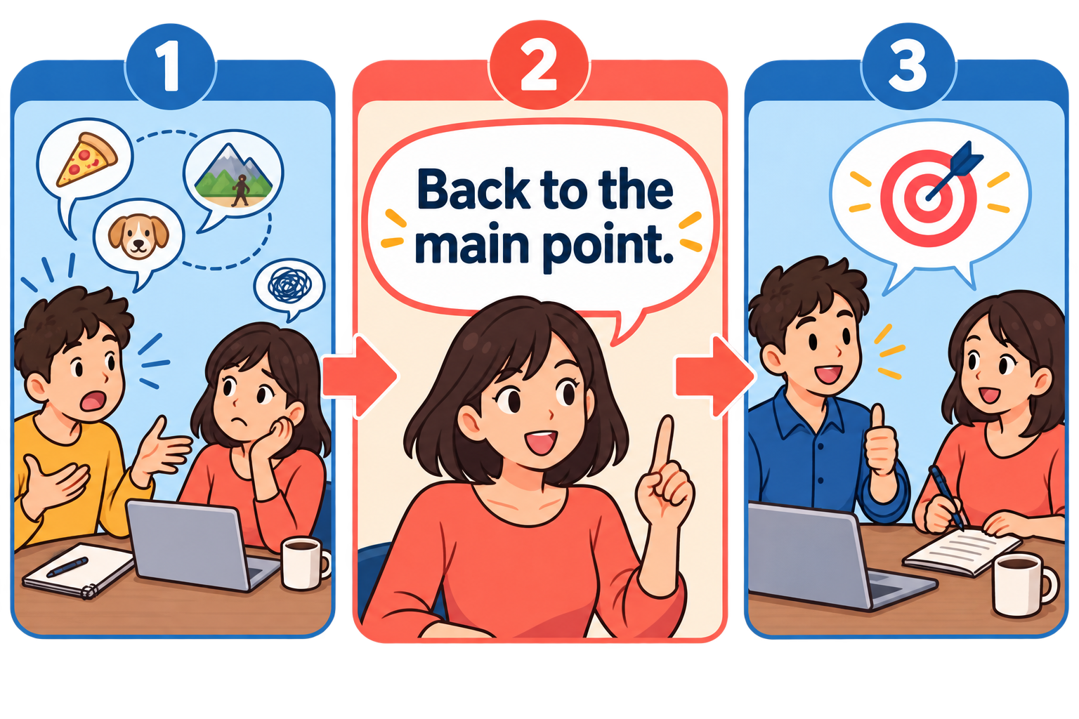 Back to the main point. の使い方を3段階で示す英語学習イラスト