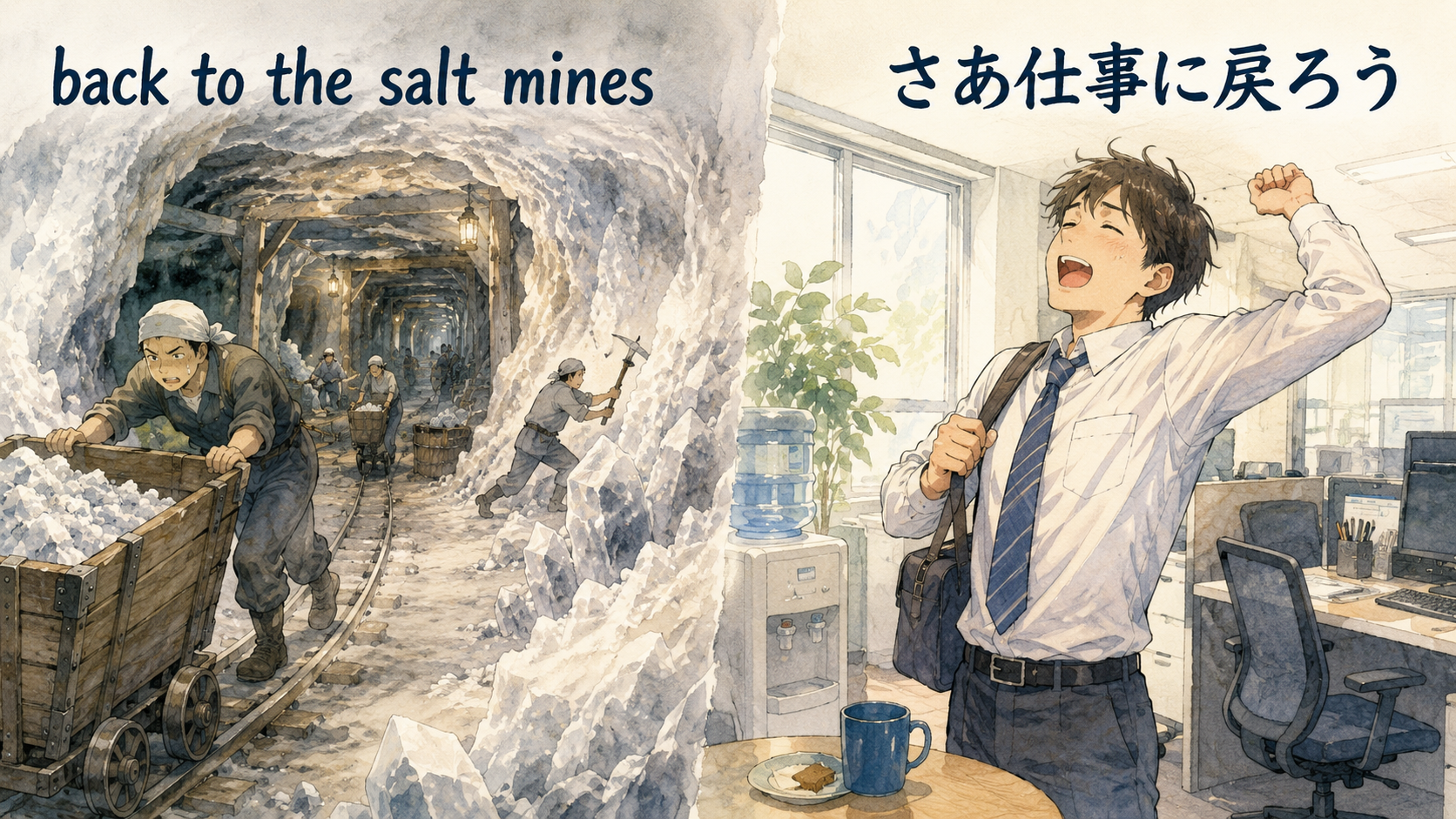 back to the salt minesの直訳と実際の意味を比較する解説イラスト