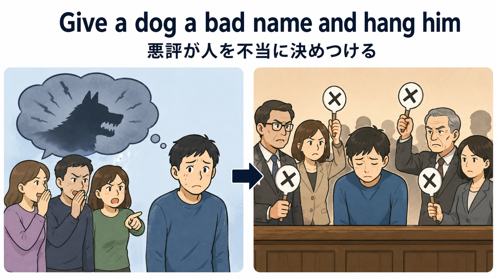 Give a dog a bad name and hang himの直訳と実際のニュアンスを図解
