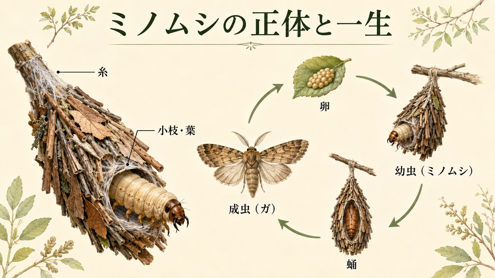 ミノムシのケースの材料と卵・幼虫・蛹・成虫の一生を示す解説図
