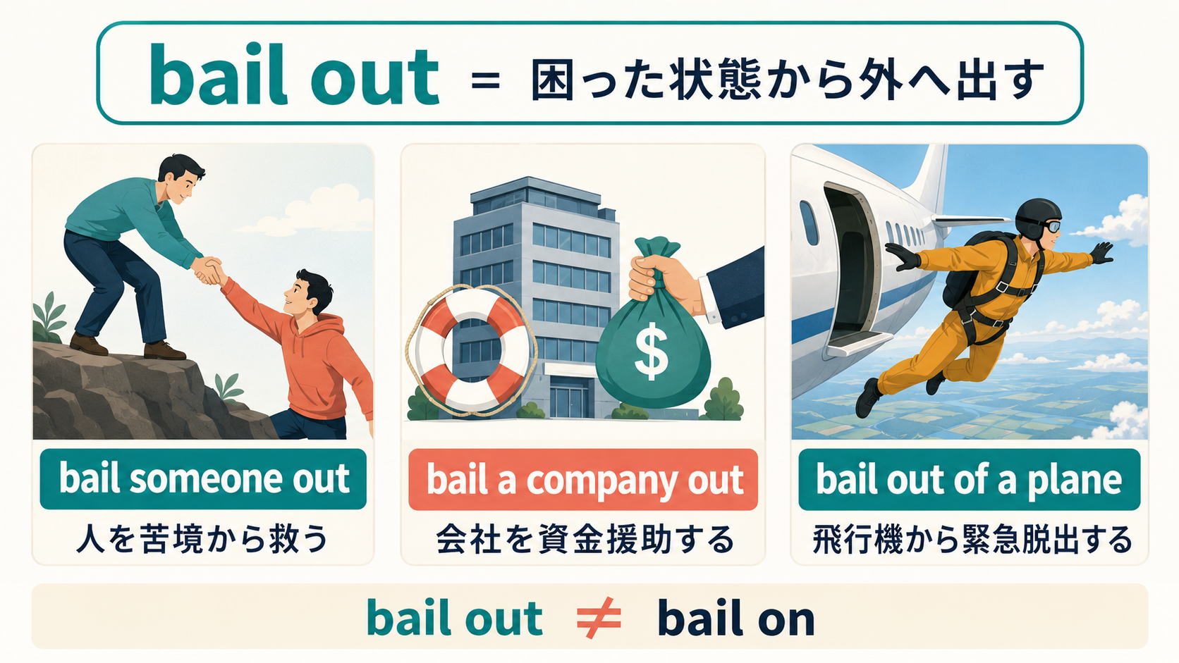 bail outの人を救う・会社を資金援助する・飛行機から脱出する用法を示す解説図