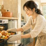 オーブンから焼き上がったパンと野菜を取り出す女性
