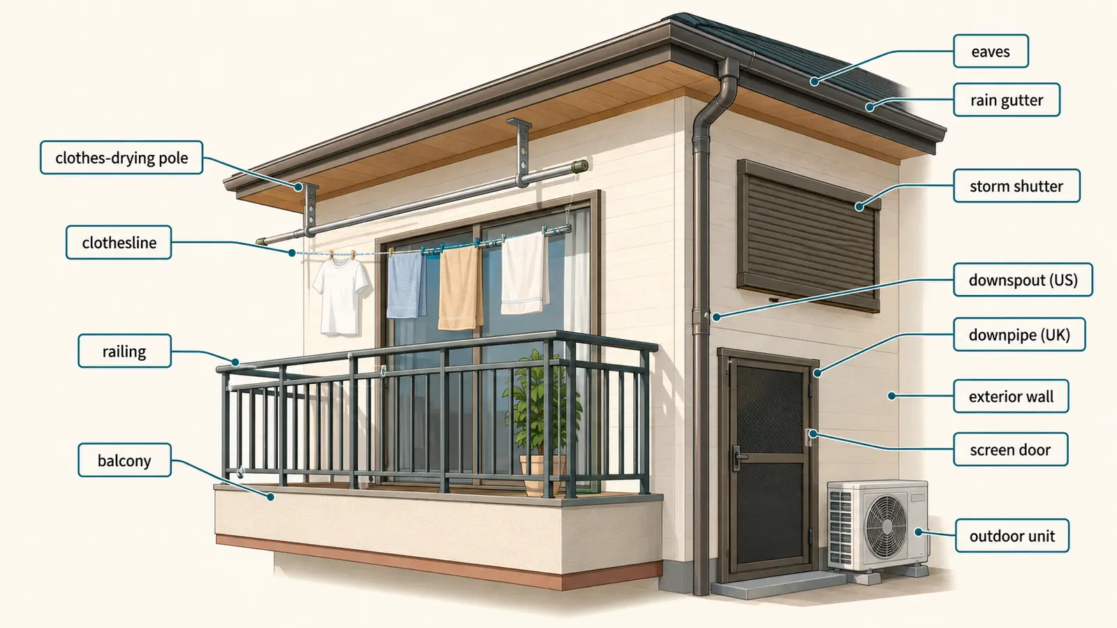 balcony、railing、rain gutter、storm shutterなど家の外まわりの英語解説図