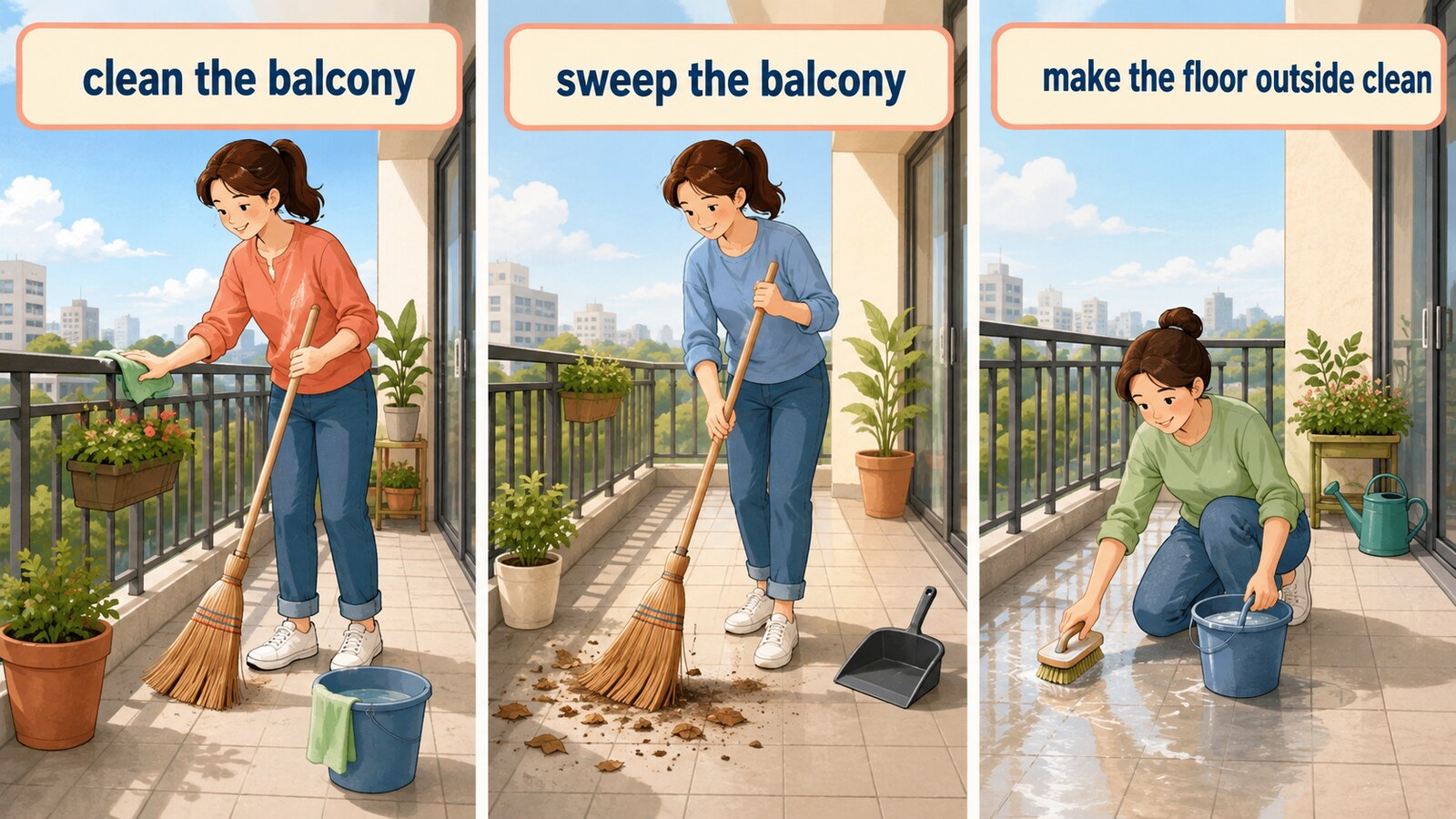 clean the balconyとsweep the balconyとmake the floor outside cleanの違いを示す図