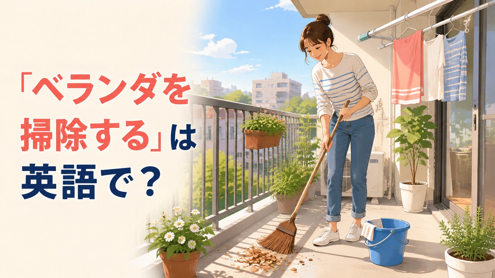ほうきでマンションのベランダを掃除する様子