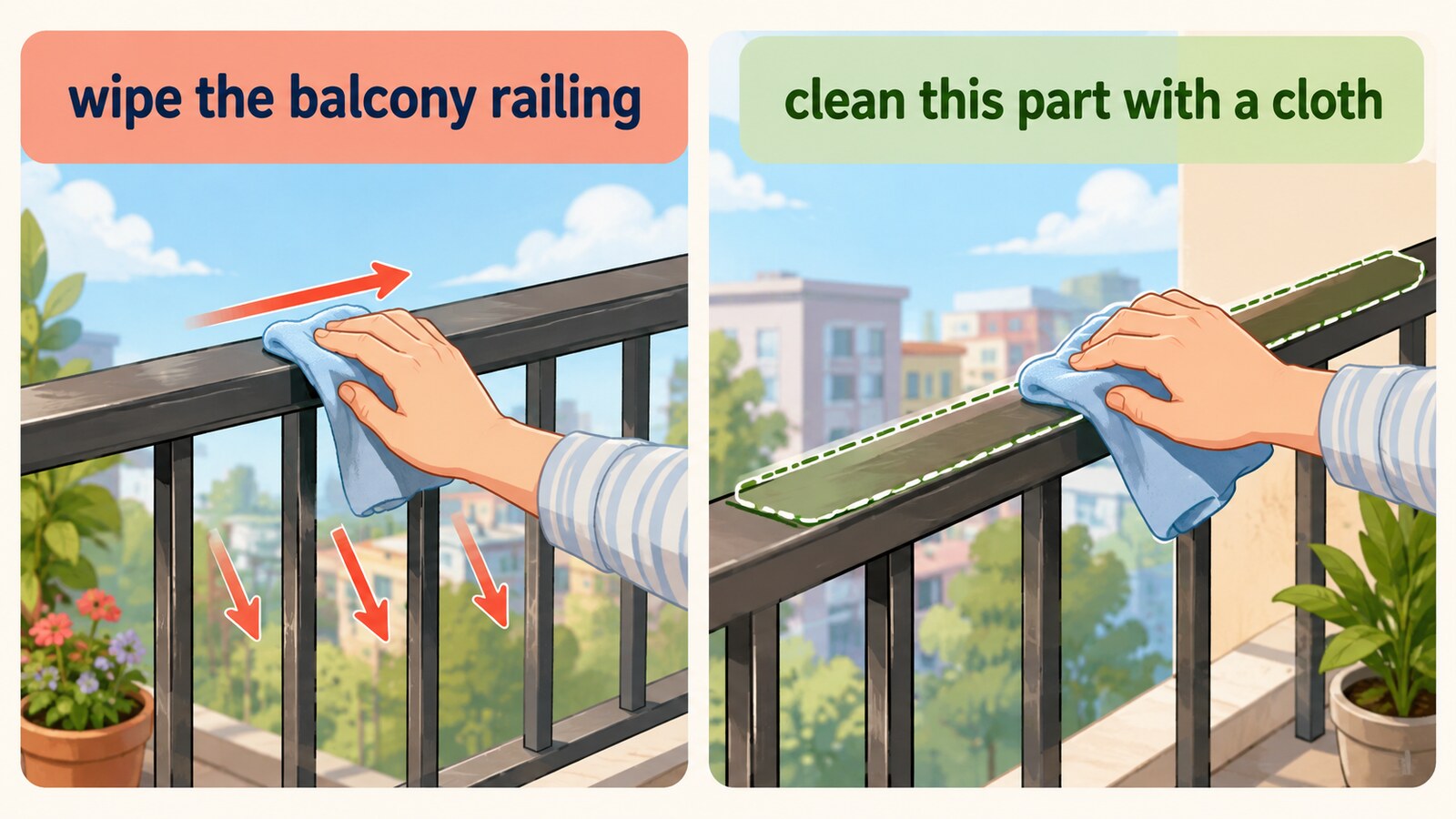 wipe the balcony railingとclean this part with a clothの言い換え図