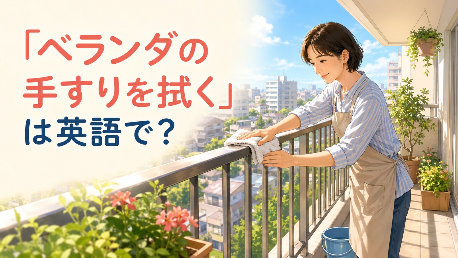 布でベランダの手すりを拭く様子