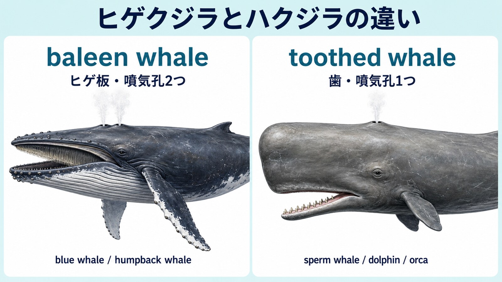 baleen whaleとtoothed whaleのヒゲ板・歯・噴気孔を比較した図