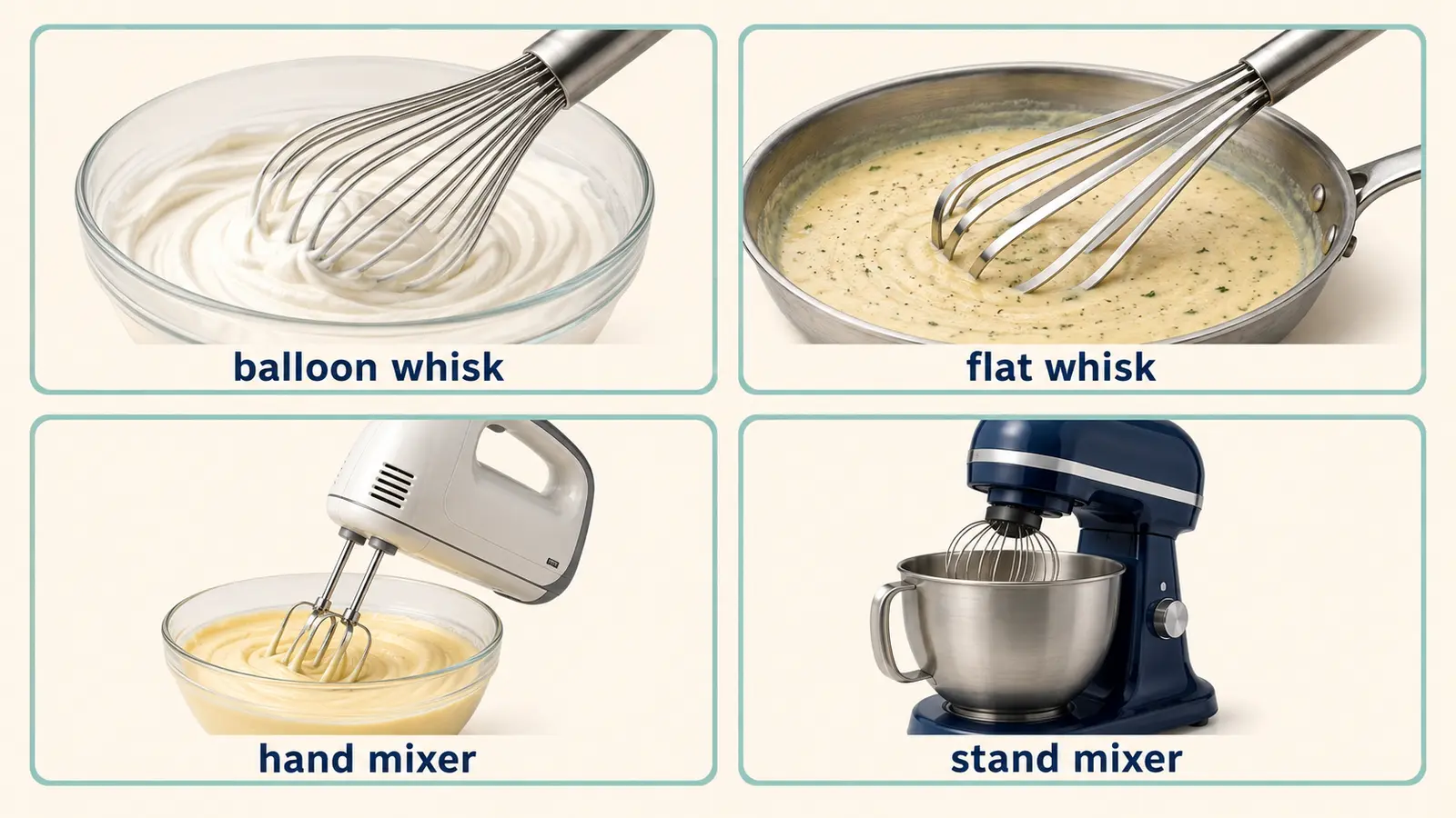 balloon whisk、flat whisk、hand mixer、stand mixerの形と用途の違い