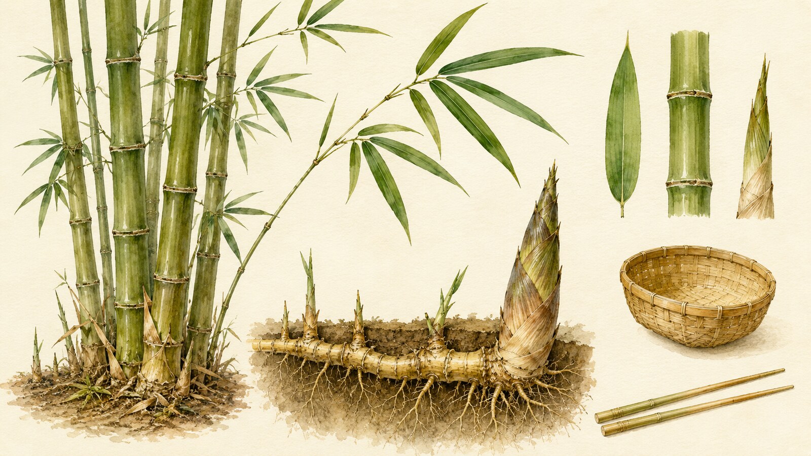 竹の稈、節、葉、地下茎、根、たけのこと竹かご・箸を描いた水彩植物イラスト