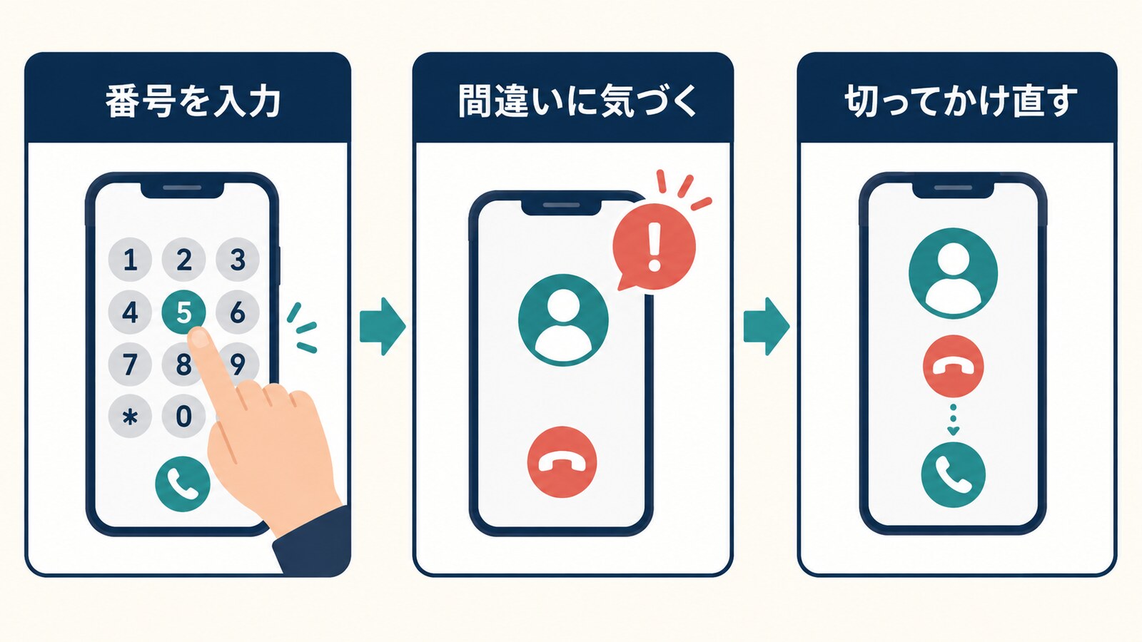 番号を入力し、間違いに気づいて切り、正しい番号へかけ直す流れ