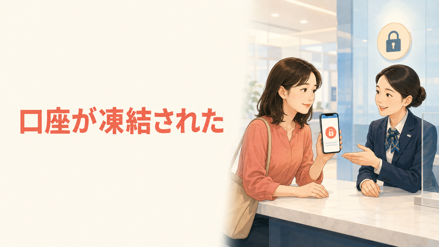 海外の銀行で凍結された口座について相談する日本人女性と口座が凍結されたの文字