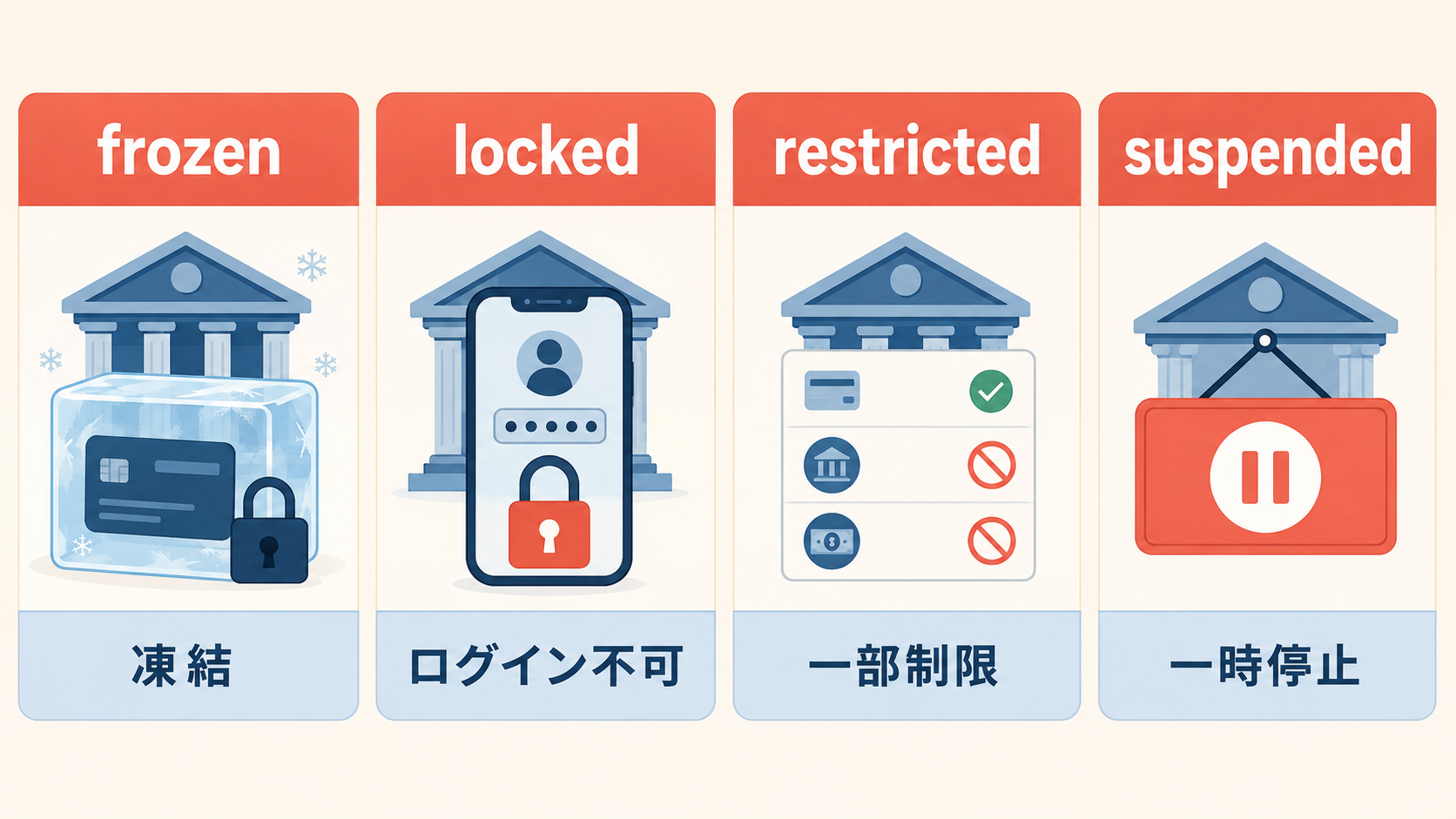 frozen・locked・restricted・suspendedの違いを示す図解