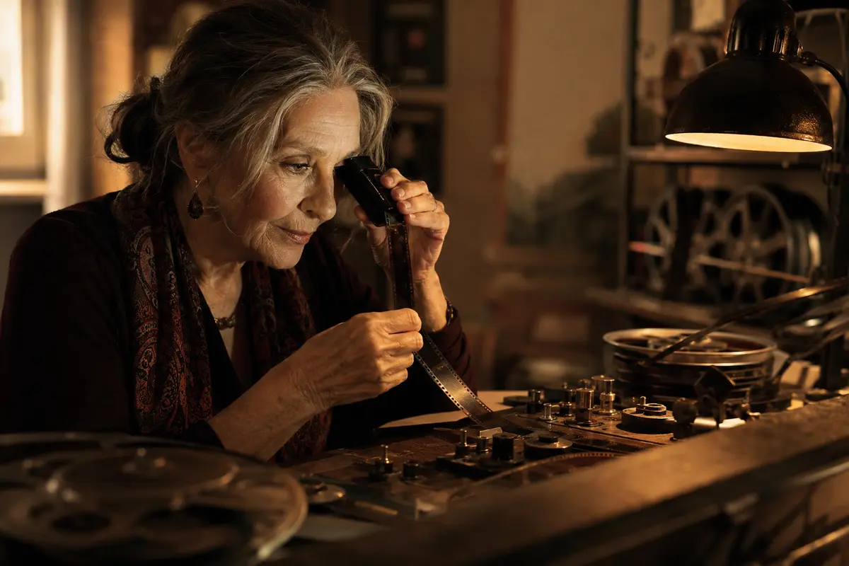 編集室でフィルムを確認する成熟した女性監督をイメージした写真