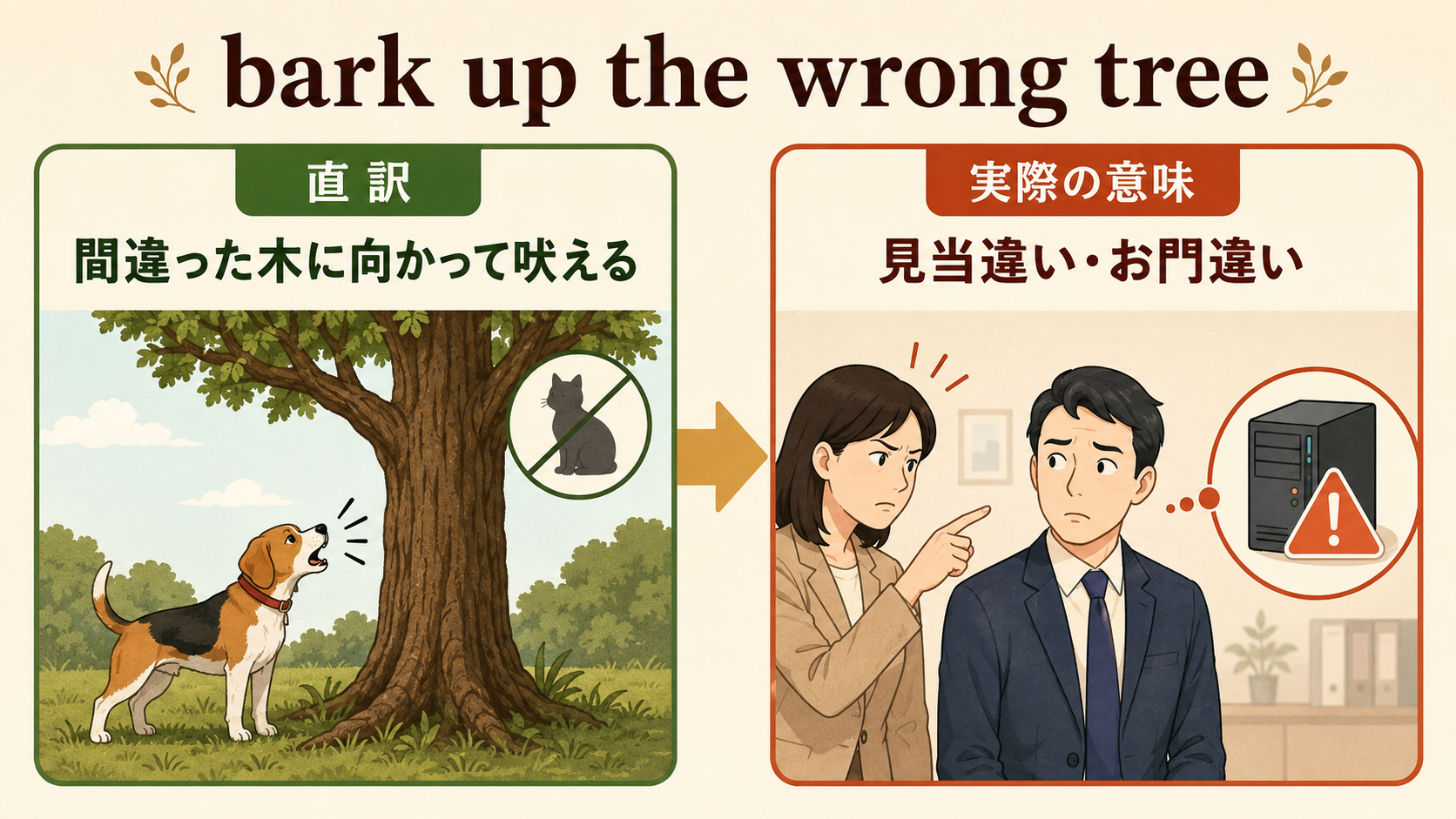 bark up the wrong treeの直訳「間違った木に向かって吠える」と実際の意味「見当違い」の比較