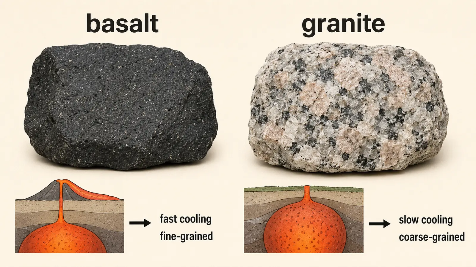 basaltは急冷して細粒、graniteはゆっくり冷えて粗粒になる違いを示す英語解説イラスト