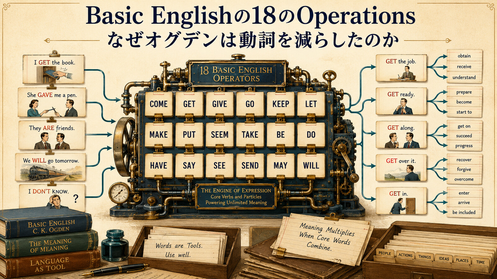 Basic Englishの18のOperationsを意味を生み出すエンジンとして表した図