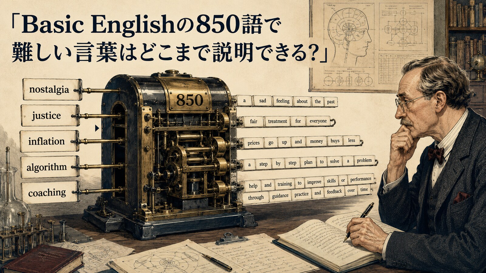 Basic Englishの850語で難しい言葉を説明する実験のイメージ