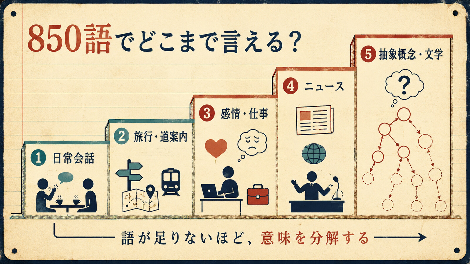 850語で日常会話・旅行・感情・仕事・ニュース・抽象概念をどこまで言えるか