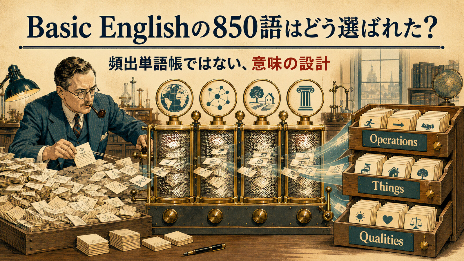 オグデンが頻度ではなく意味の設計によってBasic Englishの850語を選ぶ様子