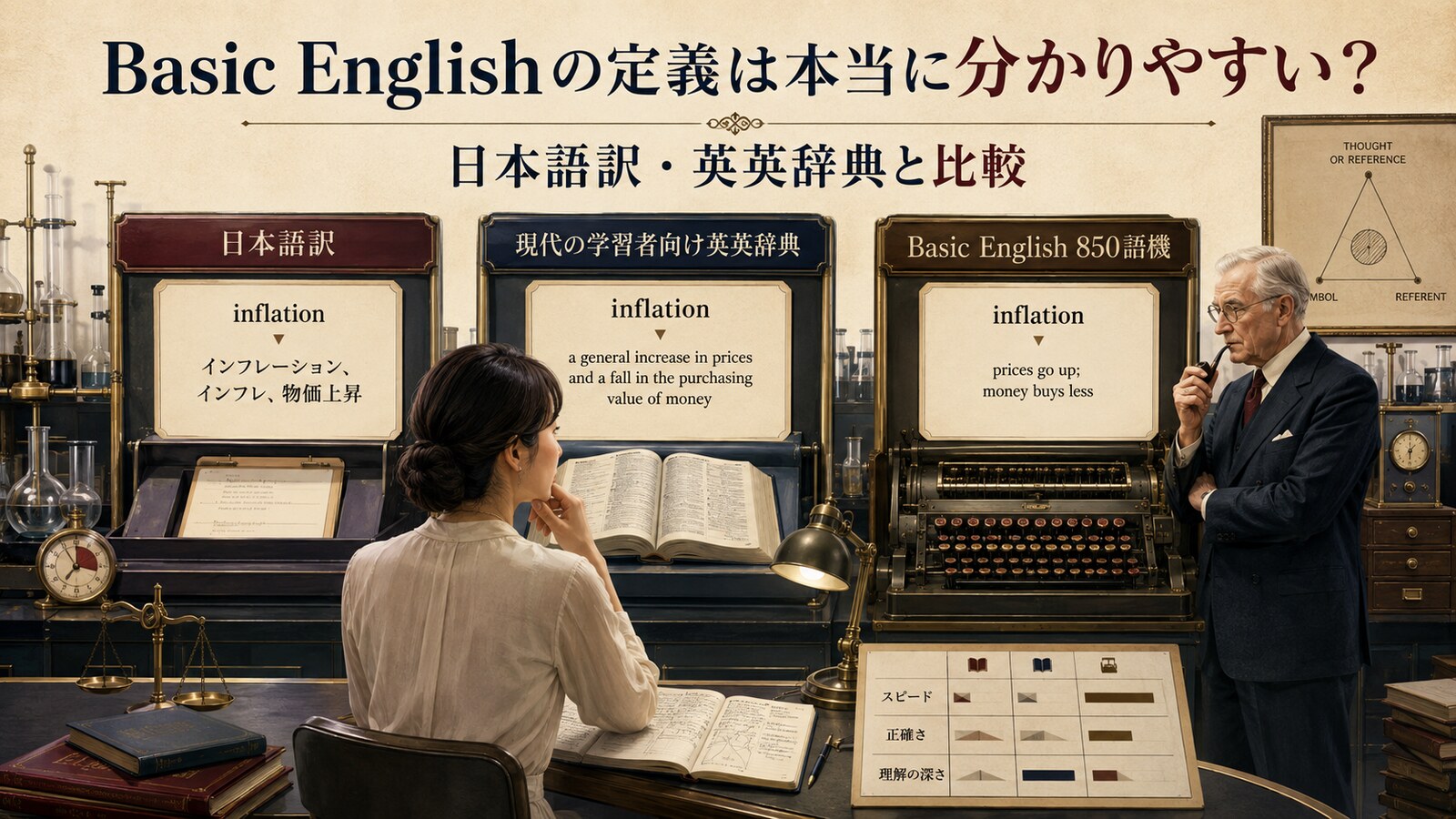 日本語訳・英英辞典・Basic Englishの定義を比較するイメージ