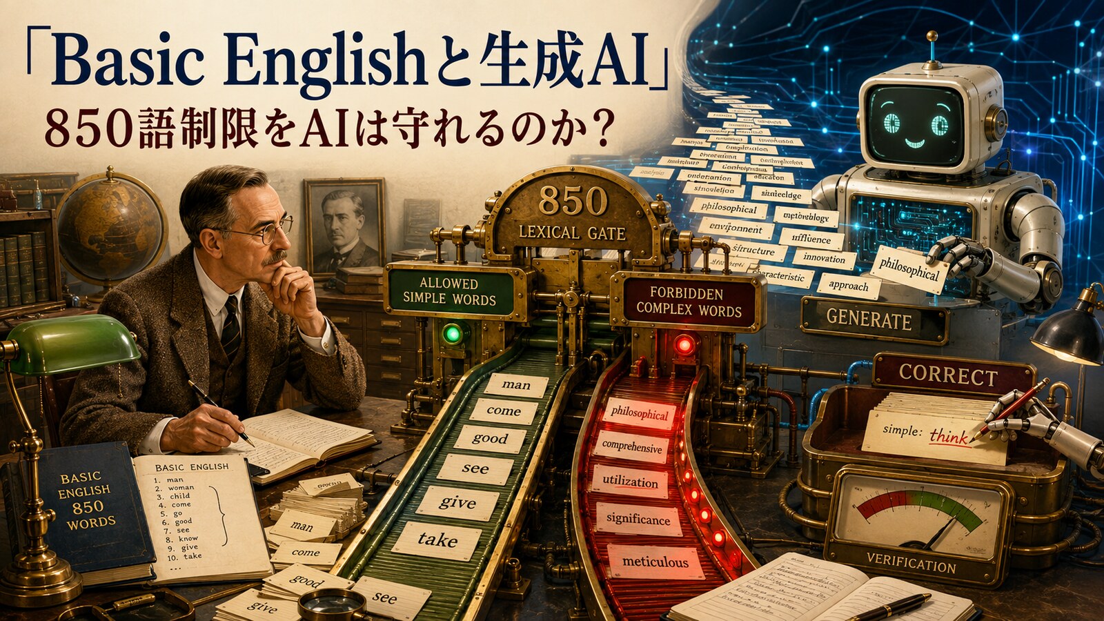 生成AIがBasic Englishの850語制限を守れるか検証するイメージ