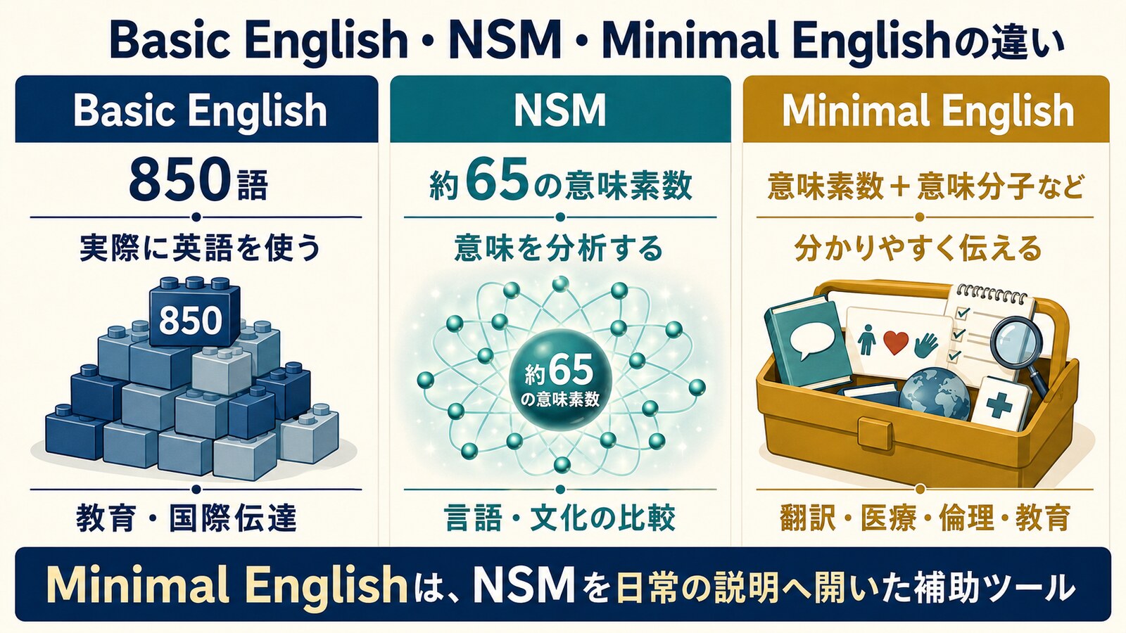 Basic EnglishとNSMとMinimal Englishの目的と構成の比較図