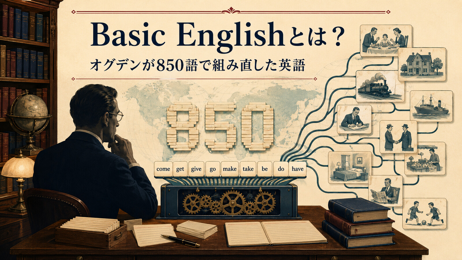 Basic Englishとは何か、オグデンが850語で英語を組み直した構想を表すアイキャッチ