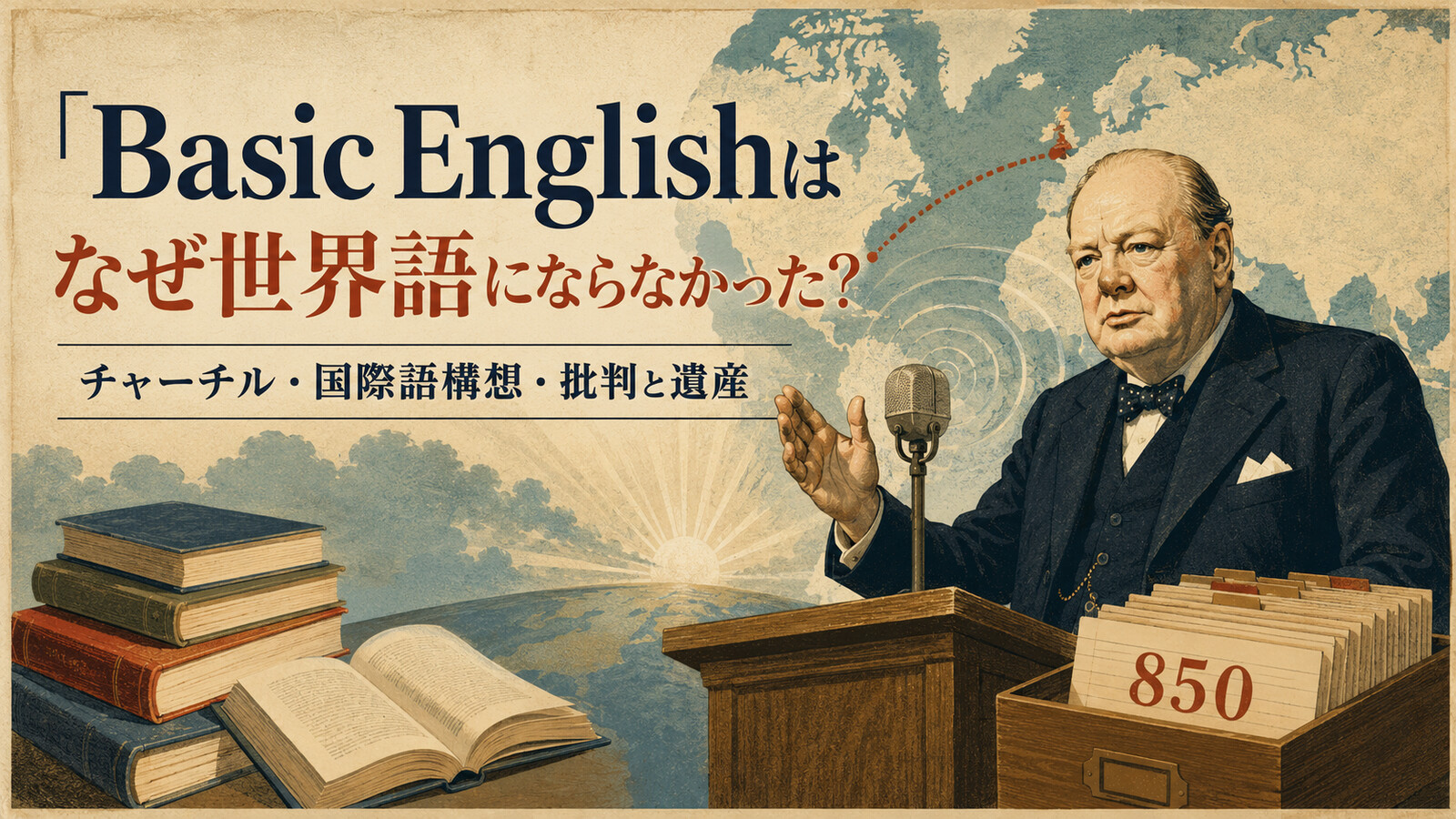 Basic Englishとチャーチルの世界語構想を表すイラスト