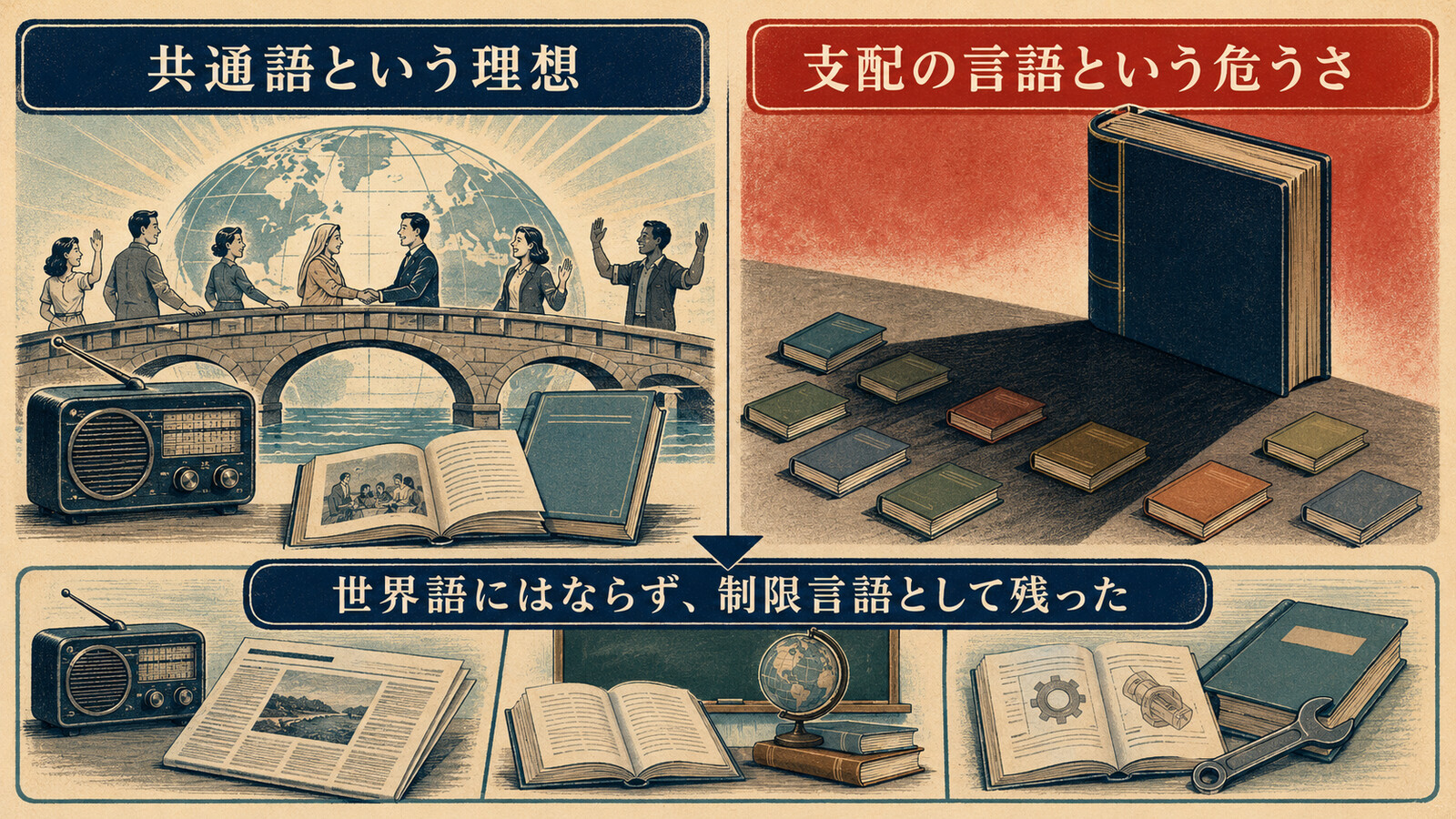 Basic Englishの共通語という理想と支配の言語という危うさを比較した図