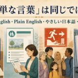 Basic English、Plain English、やさしい日本語、Simplified Technical Englishの違いを示す比較イラスト