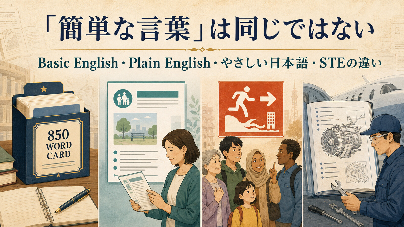 Basic English、Plain English、やさしい日本語、Simplified Technical Englishの違いを示す比較イラスト