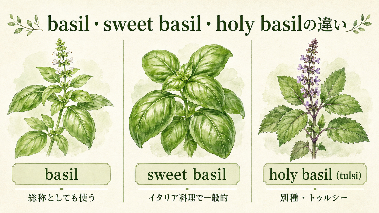 basil・sweet basil・holy basilの違いを示す比較イラスト